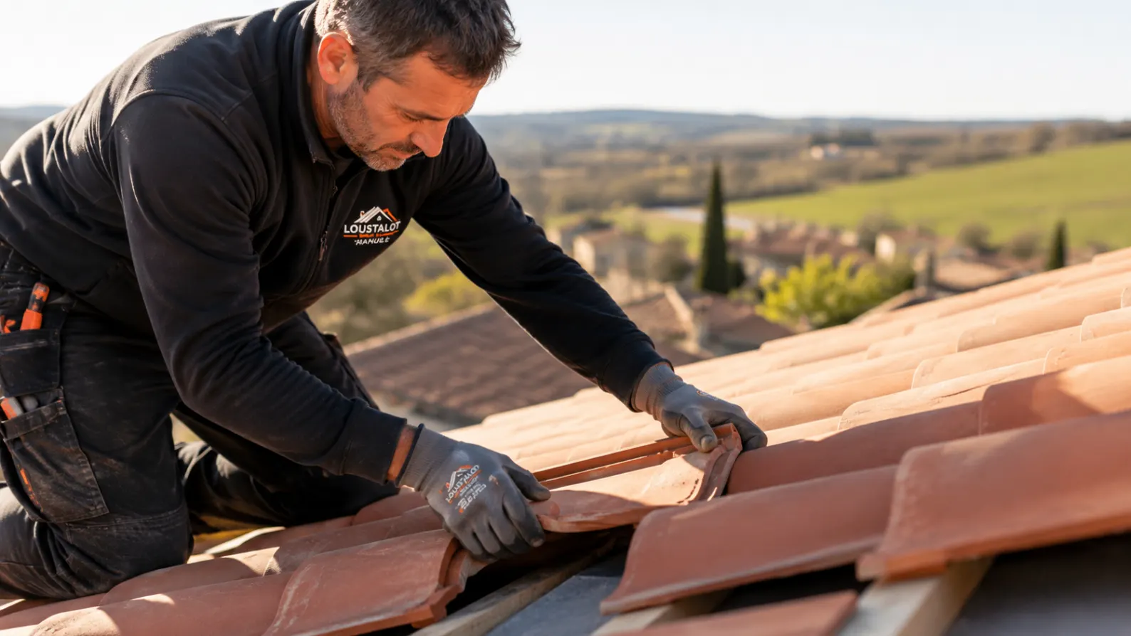 Artisan Loustalot Manuel réalisant des travaux de couverture sur une toiture en tuiles dans le Tarn-et-Garonne