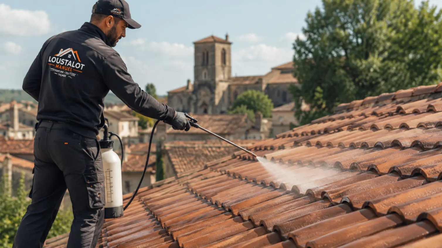 Application d'un traitement anti-mousse sur toiture par Loustalot Manuel dans le Tarn-et-Garonne