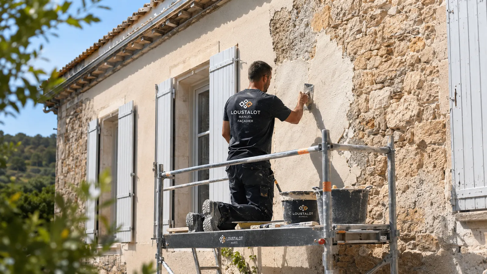 Rénovation de façade réalisée par Loustalot Manuel sur échafaudage dans le Tarn-et-Garonne